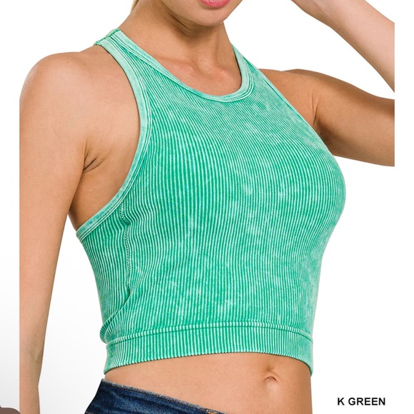 Zenana Padded Ribbed Racer Crop - Picture 2 of 6